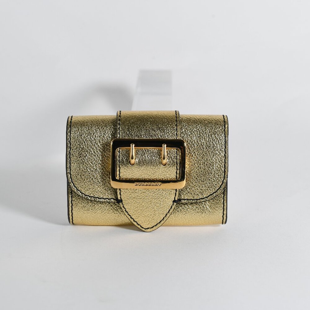 Burberry Metallic Gold Leather Compact Wallet with Buckle Detail New Coin/Card